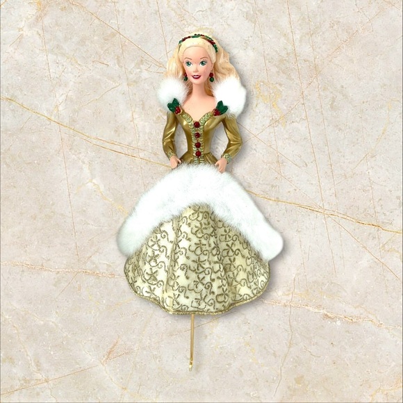 Vintage Hallmark Happy Holidays Barbie 1995 Stocking Hanger 8”🎄 Gold Dress - Picture 1 of 5